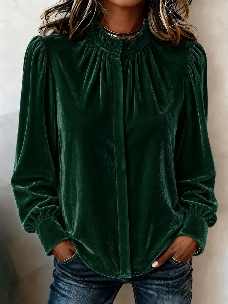 Damen Samtbluse mit Rüschen-Stehkragen, verdeckter Knopfleiste und gerafften Ballonärmeln Nord Taschen