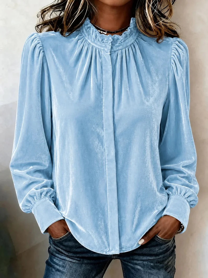 Damen Samtbluse mit Rüschen-Stehkragen, verdeckter Knopfleiste und gerafften Ballonärmeln Nord Taschen