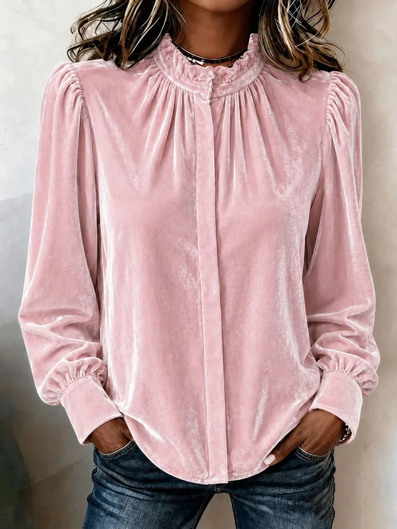 Damen Samtbluse mit Rüschen-Stehkragen, verdeckter Knopfleiste und gerafften Ballonärmeln Nord Taschen