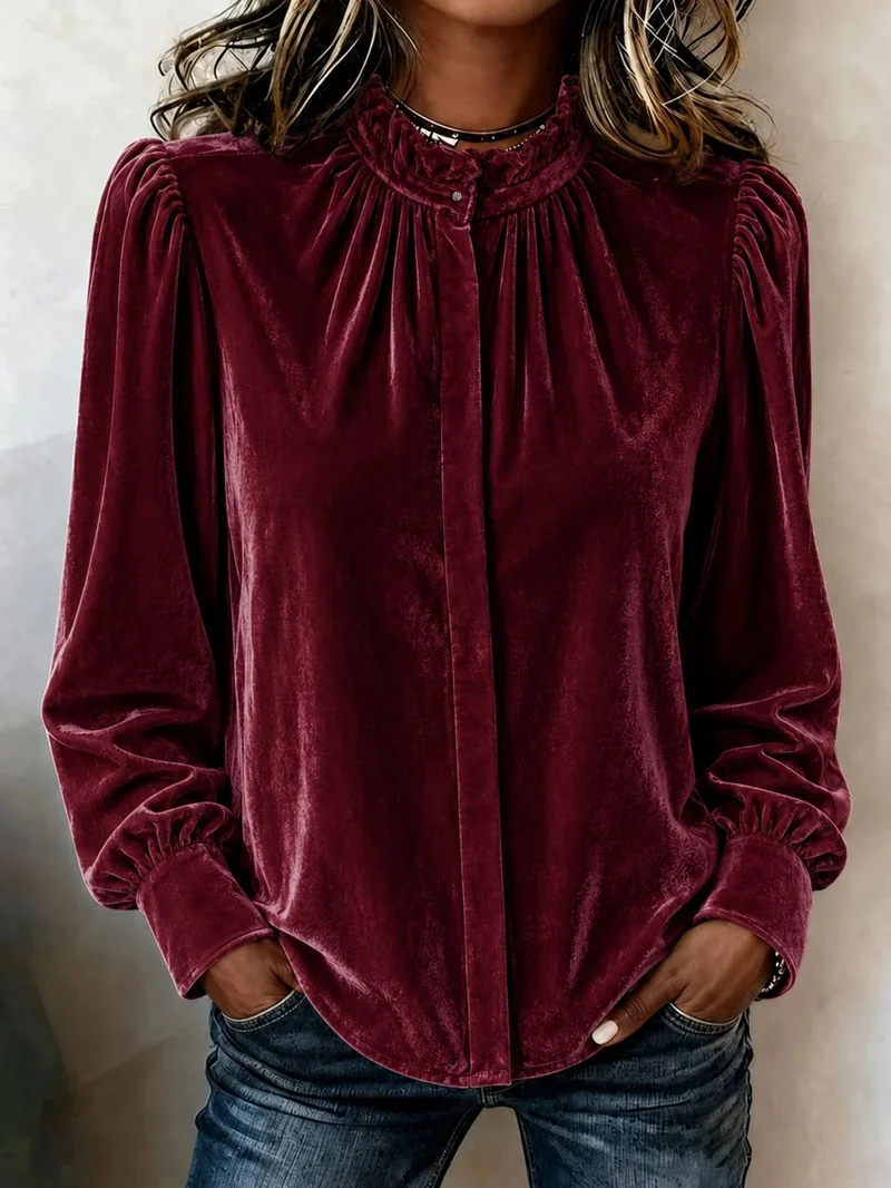 Damen Samtbluse mit Rüschen-Stehkragen, verdeckter Knopfleiste und gerafften Ballonärmeln Nord Taschen
