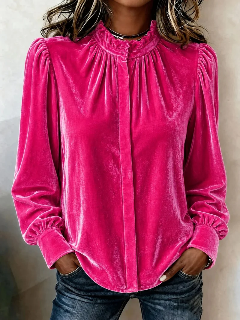 Damen Samtbluse mit Rüschen-Stehkragen, verdeckter Knopfleiste und gerafften Ballonärmeln Nord Taschen