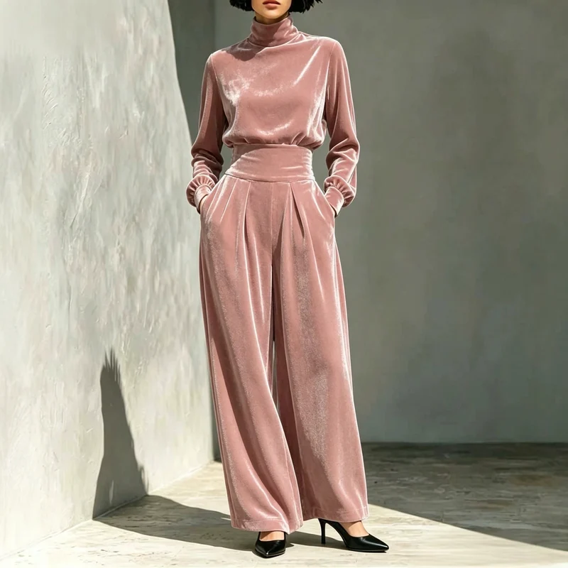 Damen Samt-Set mit Rollkragenoberteil und hochtaillierter, weitfallender Plisseehose Nord Taschen