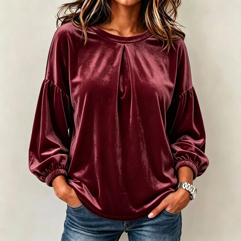 Damen Samt-Relaxed-Top mit Faltenblende am Ausschnitt, Ballonärmeln und Elastikbündchen Nord Taschen