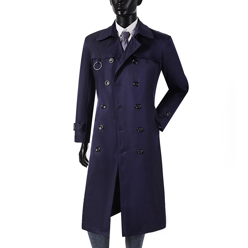 Herren Doppelreihiger Trenchcoat mit Taillierung, Reverskragen und dekorativem Metallring Nord Taschen