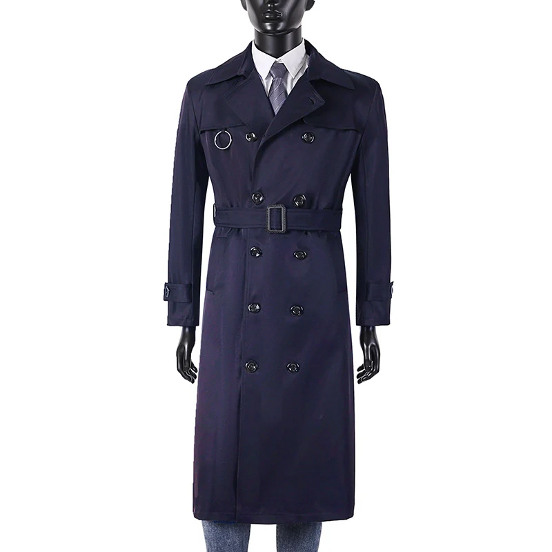 Herren Doppelreihiger Trenchcoat mit Taillierung, Reverskragen und dekorativem Metallring Nord Taschen