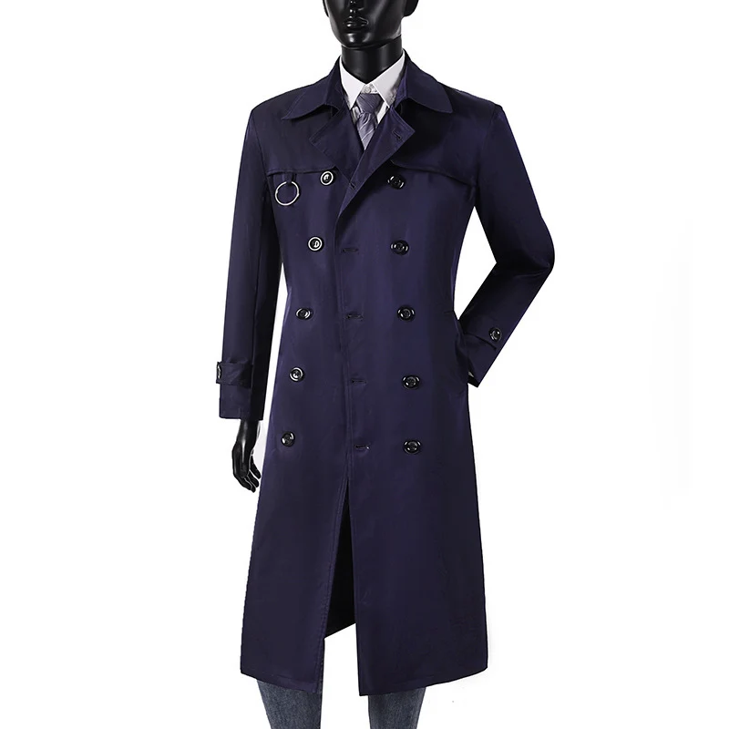 Herren Doppelreihiger Trenchcoat mit Taillierung, Reverskragen und dekorativem Metallring Nord Taschen