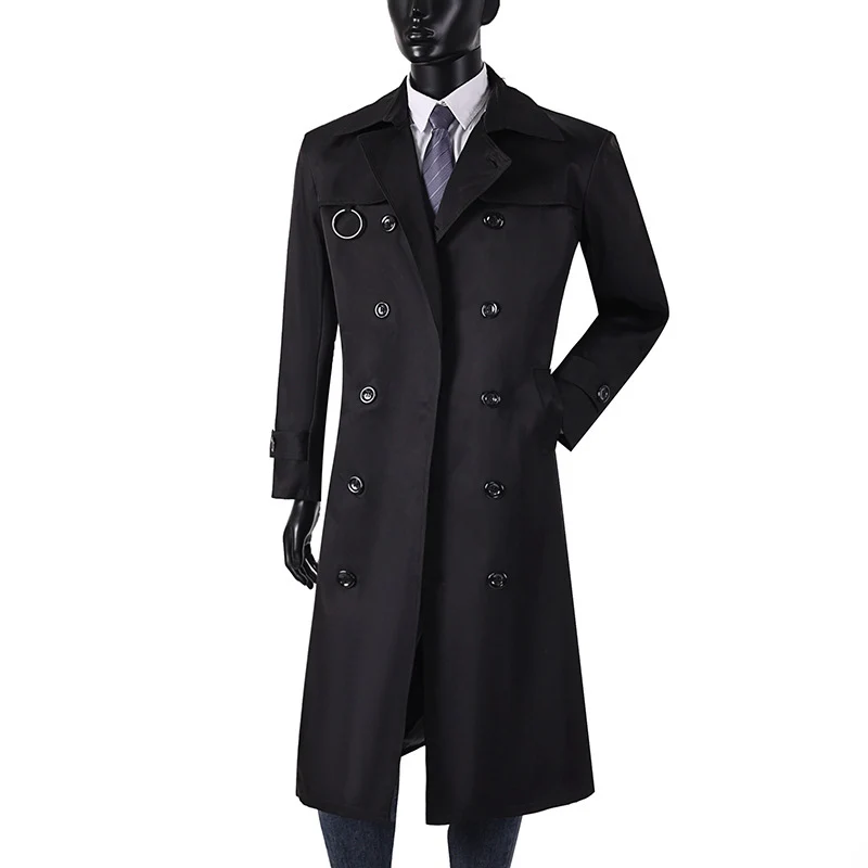 Herren Doppelreihiger Trenchcoat mit Taillierung, Reverskragen und dekorativem Metallring Nord Taschen