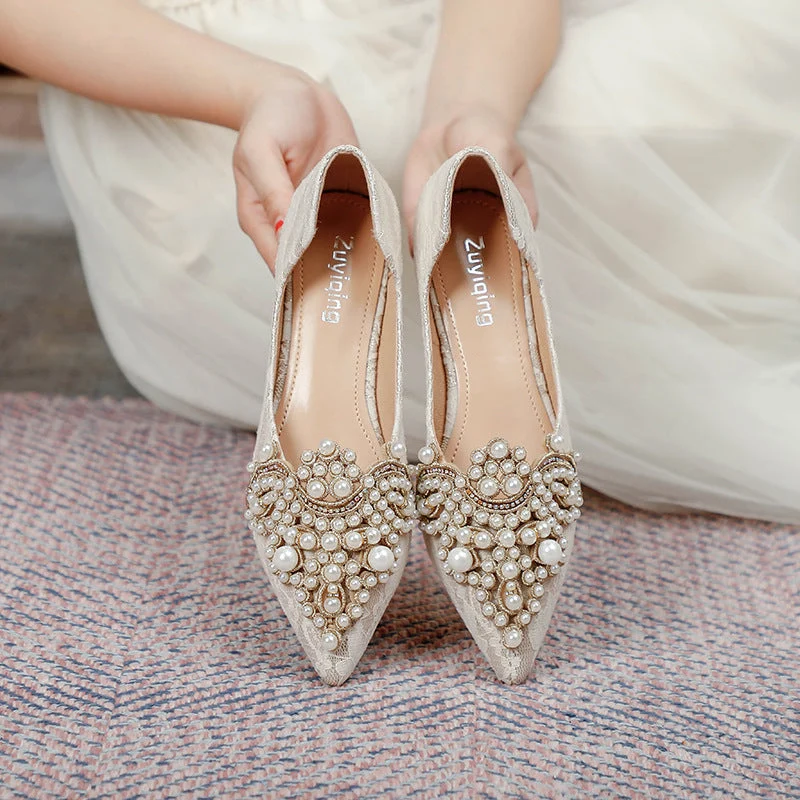 Elegante Braut Ballerinas mit Spitze und Kunstperlen - Vittorelli