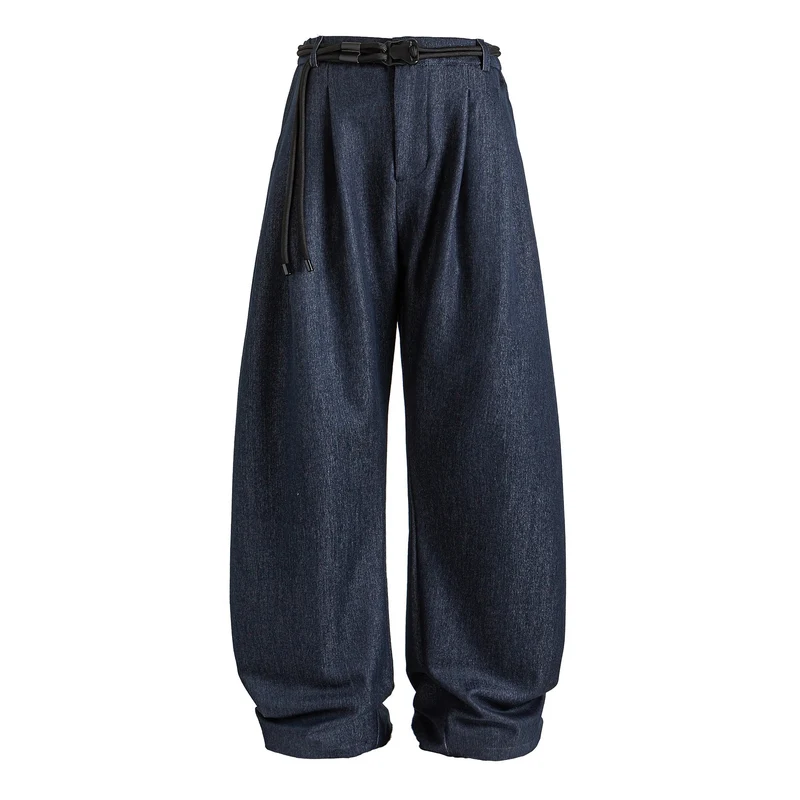Damen Weite hochtaillierte Jeanshose mit Bundfalten, Kordelgürtel und Culotte-Schnitt Nord Taschen