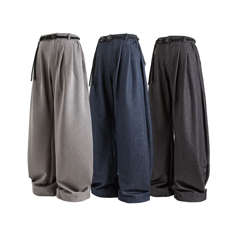 Damen Weite hochtaillierte Jeanshose mit Bundfalten, Kordelgürtel und Culotte-Schnitt Nord Taschen