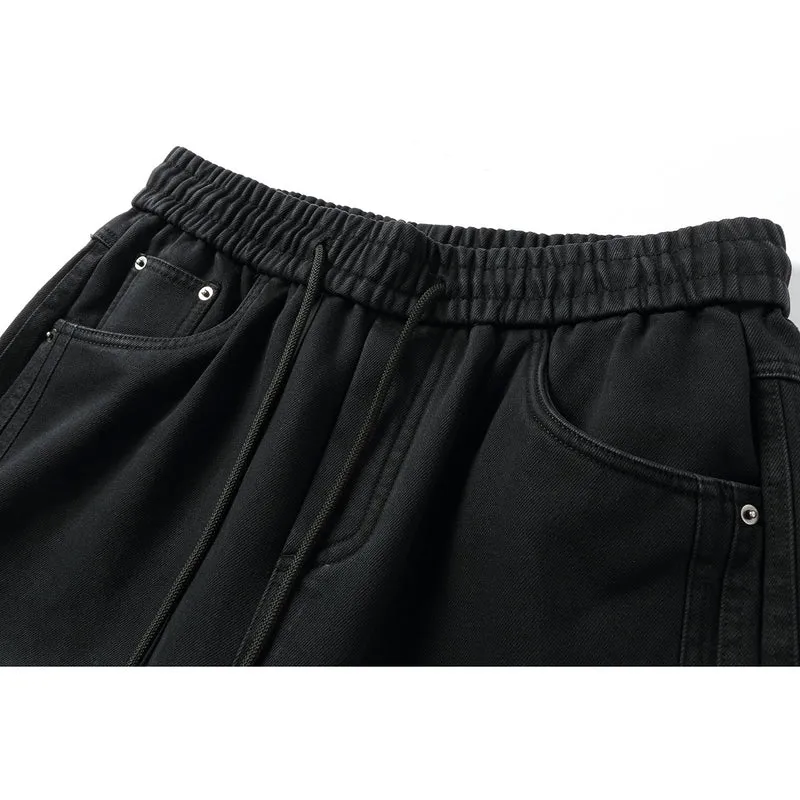 Damen Weite hochgeschnittene Jeanshose mit elastischem Bund, Kordelzug und Ziernähten Nord Taschen