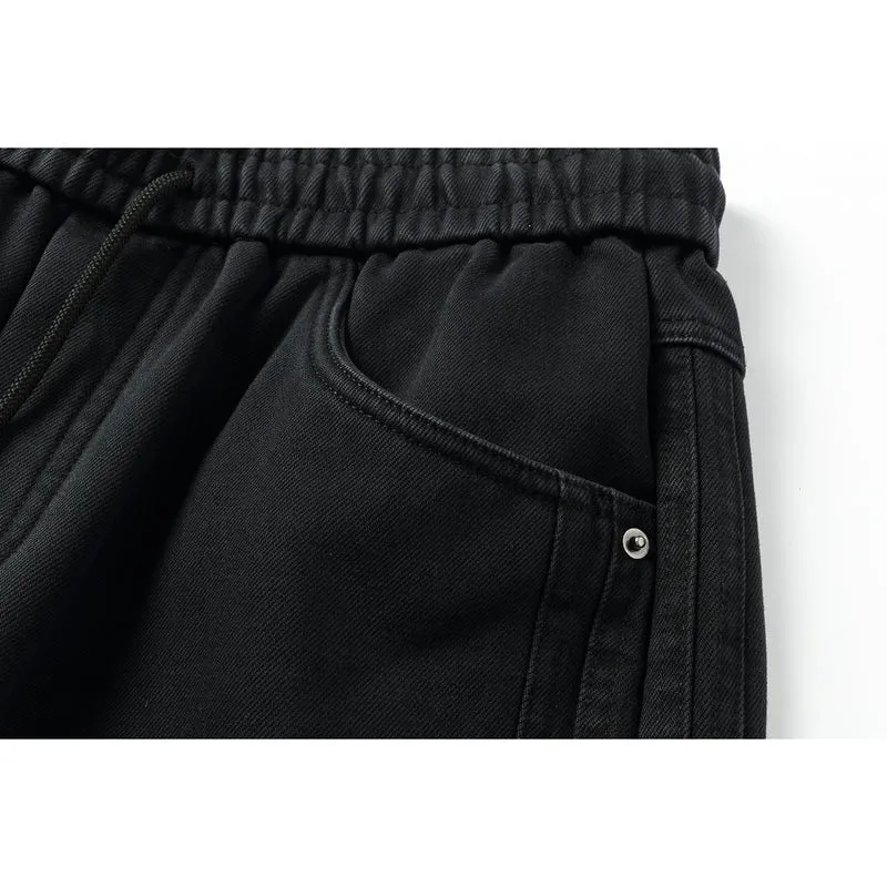 Damen Weite hochgeschnittene Jeanshose mit elastischem Bund, Kordelzug und Ziernähten Nord Taschen
