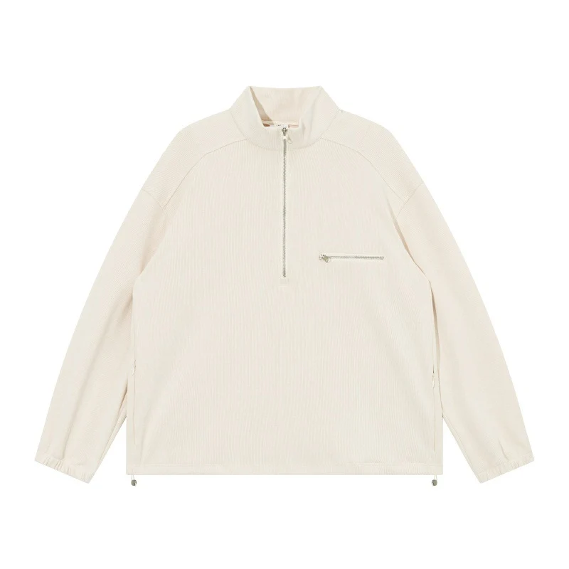 Unisex Oversize Halbzip-Pullover aus Cord‑Mix mit Brust-Reißverschlusstasche und Kordelzugsaum Nord Taschen