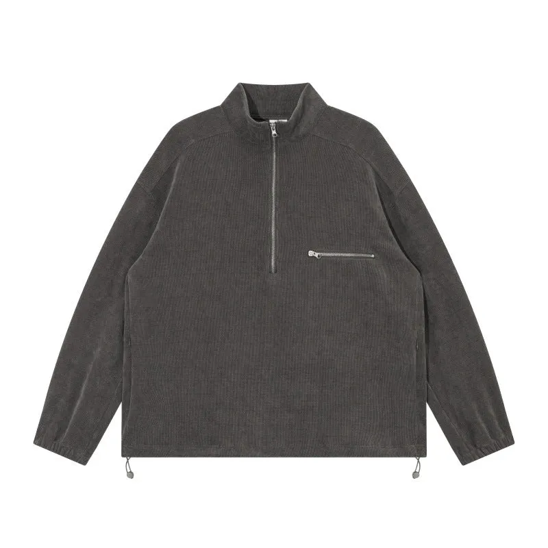 Unisex Oversize Halbzip-Pullover aus Cord‑Mix mit Brust-Reißverschlusstasche und Kordelzugsaum Nord Taschen