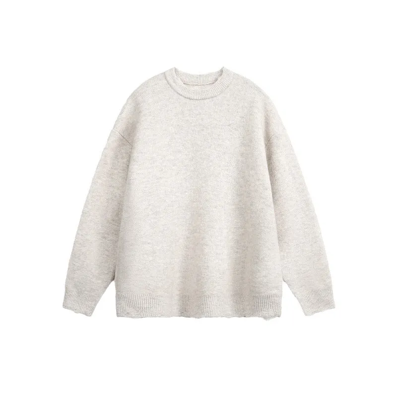 Unisex Oversize Grobstrickpullover mit Rundhalsausschnitt und ausgefranstem Saum Nord Taschen