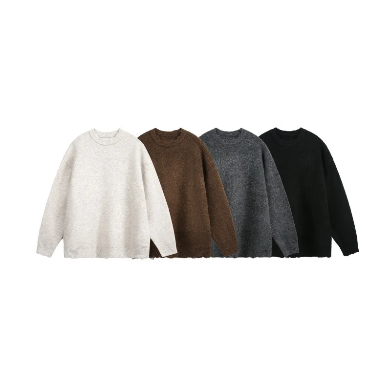 Unisex Oversize Grobstrickpullover mit Rundhalsausschnitt und ausgefranstem Saum Nord Taschen
