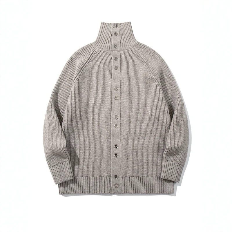 Damen Grobgestrickter Long-Cardigan mit Stehkragen und durchgehender Knopfleiste Nord Taschen