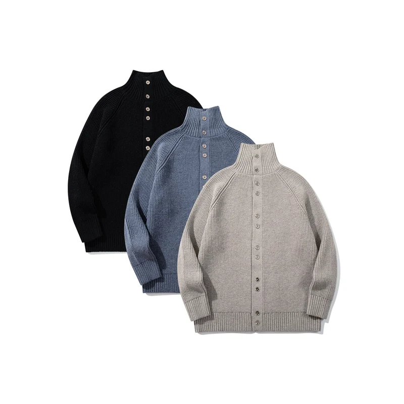 Damen Grobgestrickter Long-Cardigan mit Stehkragen und durchgehender Knopfleiste Nord Taschen
