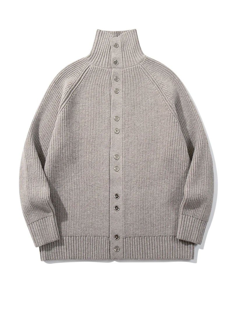 Damen Grobgestrickter Long-Cardigan mit Stehkragen und durchgehender Knopfleiste Nord Taschen