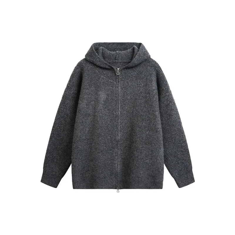 Damen Grobgerippte Kapuzen-Zipjacke mit Stehkragen und Zwei-Wege-Reißverschluss Nord Taschen