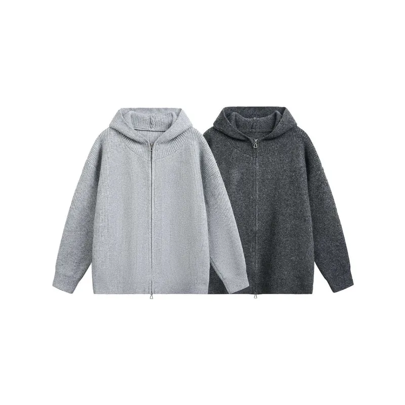 Damen Grobgerippte Kapuzen-Zipjacke mit Stehkragen und Zwei-Wege-Reißverschluss Nord Taschen