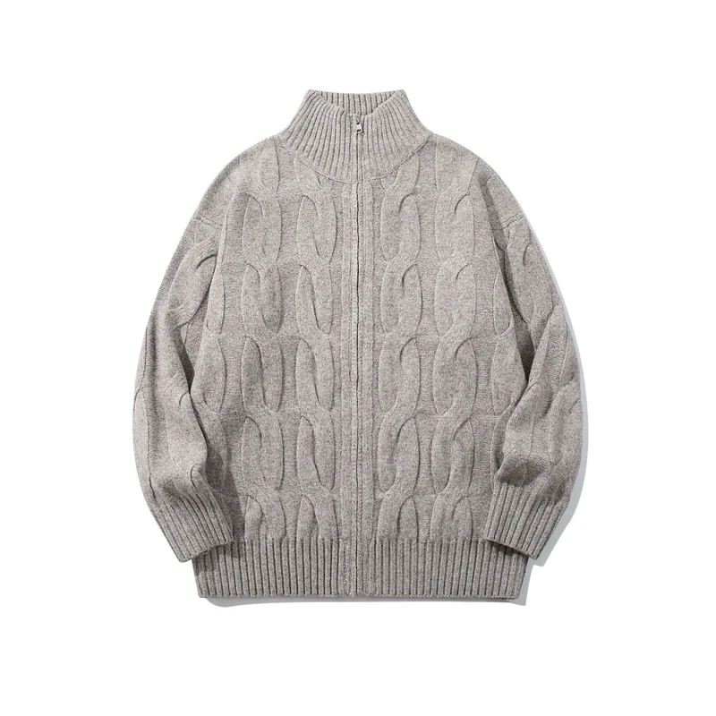 Damen Grob gestrickte Zip‑Strickjacke mit Zopfmuster und hohem Rippkragen Nord Taschen