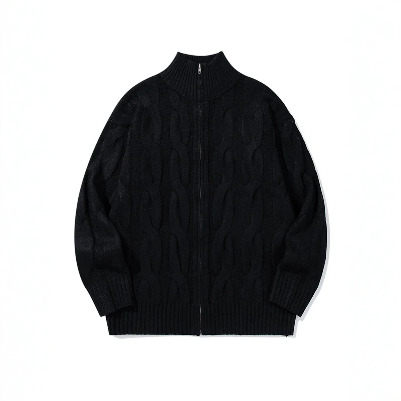 Damen Grob gestrickte Zip‑Strickjacke mit Zopfmuster und hohem Rippkragen Nord Taschen