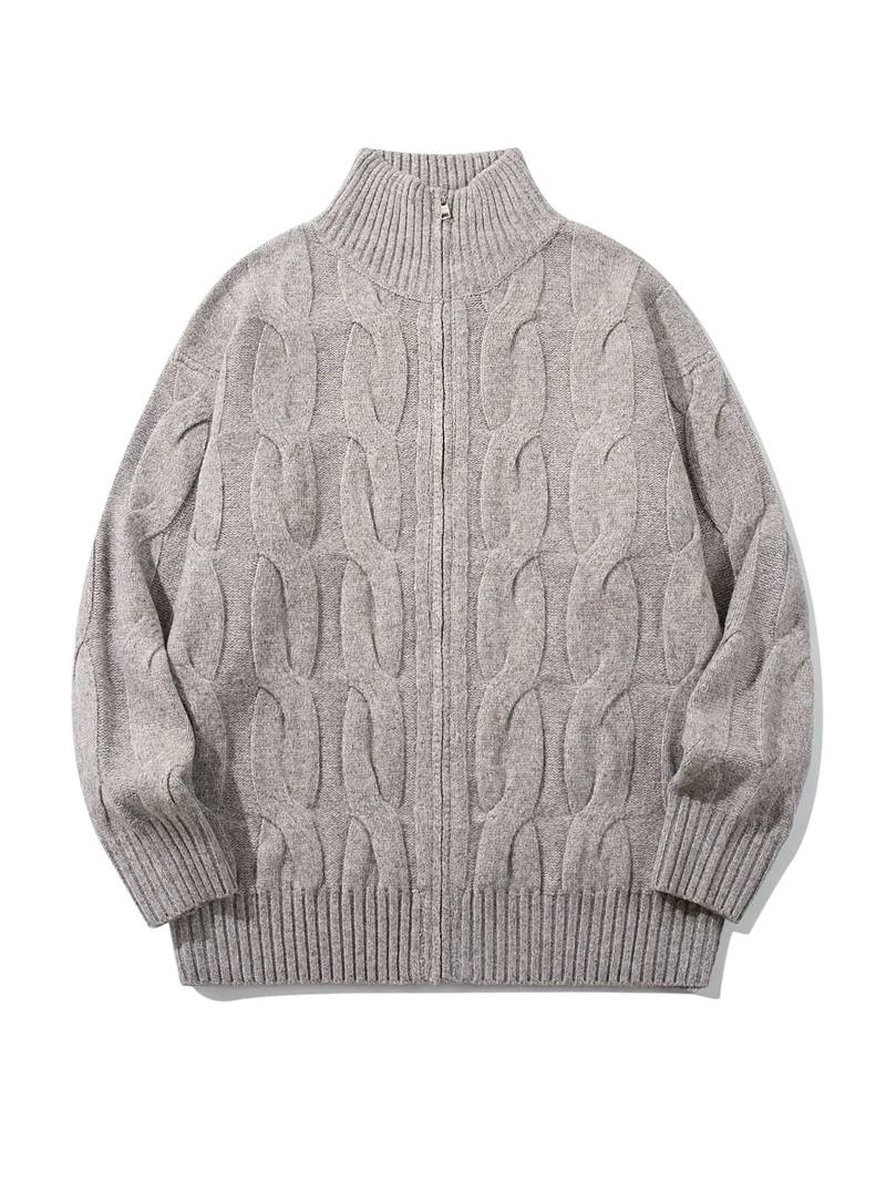 Damen Grob gestrickte Zip‑Strickjacke mit Zopfmuster und hohem Rippkragen Nord Taschen