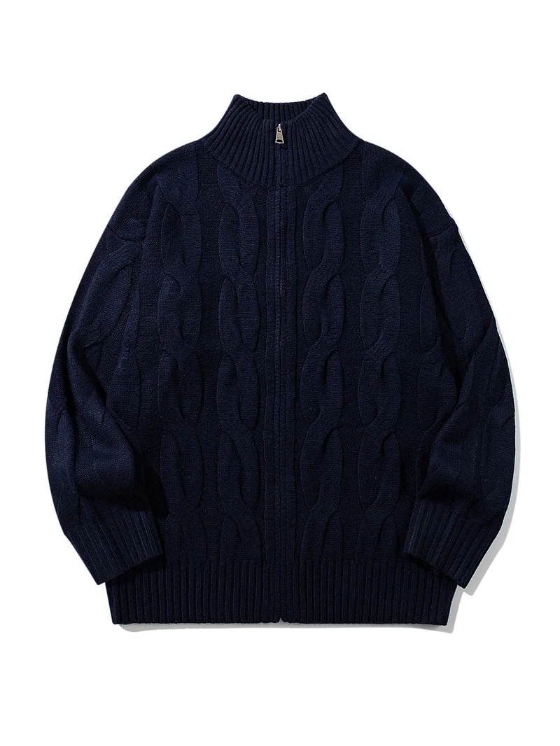 Damen Grob gestrickte Zip‑Strickjacke mit Zopfmuster und hohem Rippkragen Nord Taschen