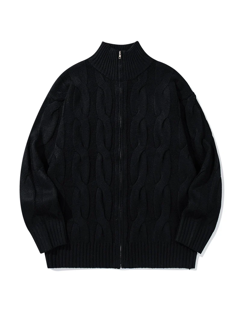 Damen Grob gestrickte Zip‑Strickjacke mit Zopfmuster und hohem Rippkragen Nord Taschen