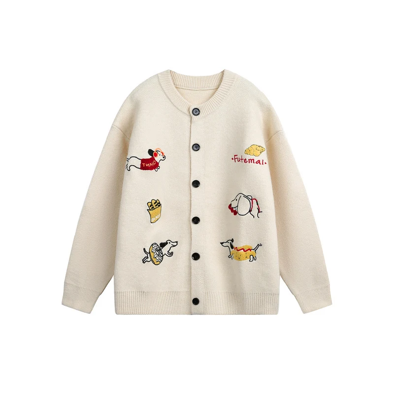 Damen Gestrickte Oversize-Cardigan mit verspielten Hunde-Stickereien Nord Taschen