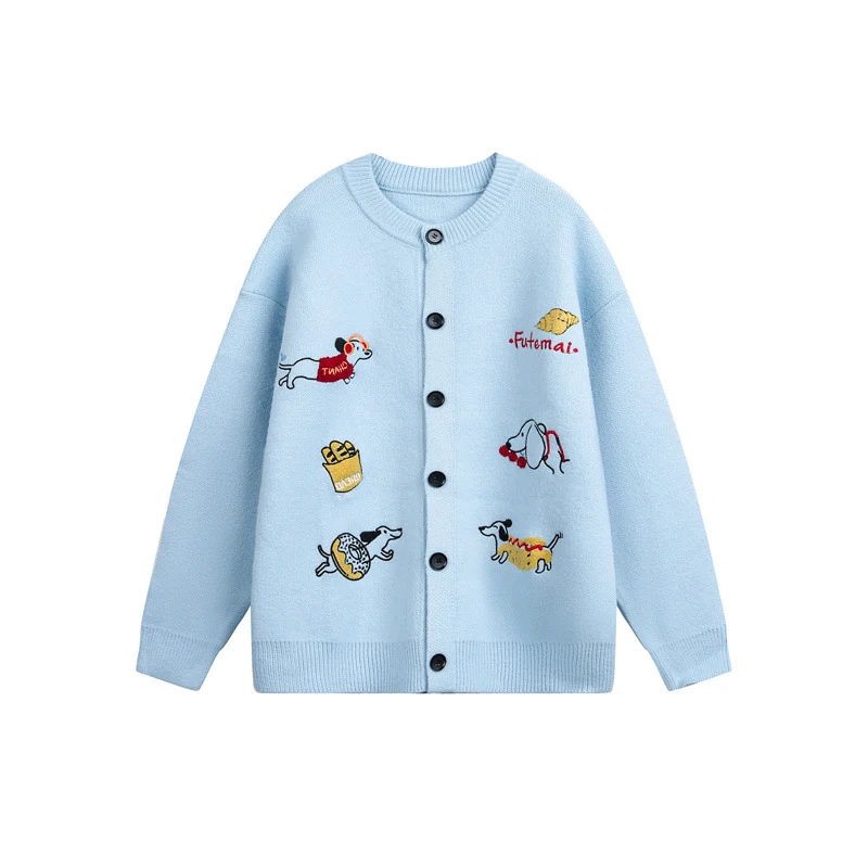 Damen Gestrickte Oversize-Cardigan mit verspielten Hunde-Stickereien Nord Taschen