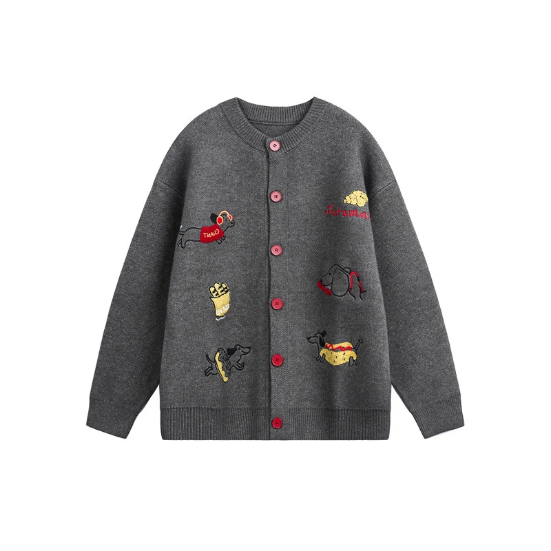 Damen Gestrickte Oversize-Cardigan mit verspielten Hunde-Stickereien Nord Taschen