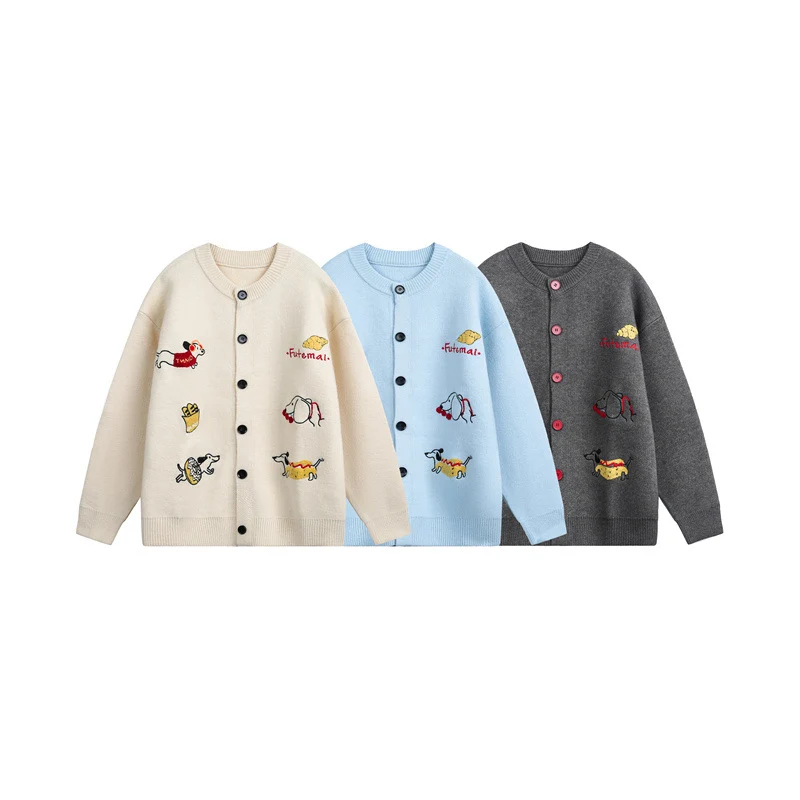 Damen Gestrickte Oversize-Cardigan mit verspielten Hunde-Stickereien Nord Taschen