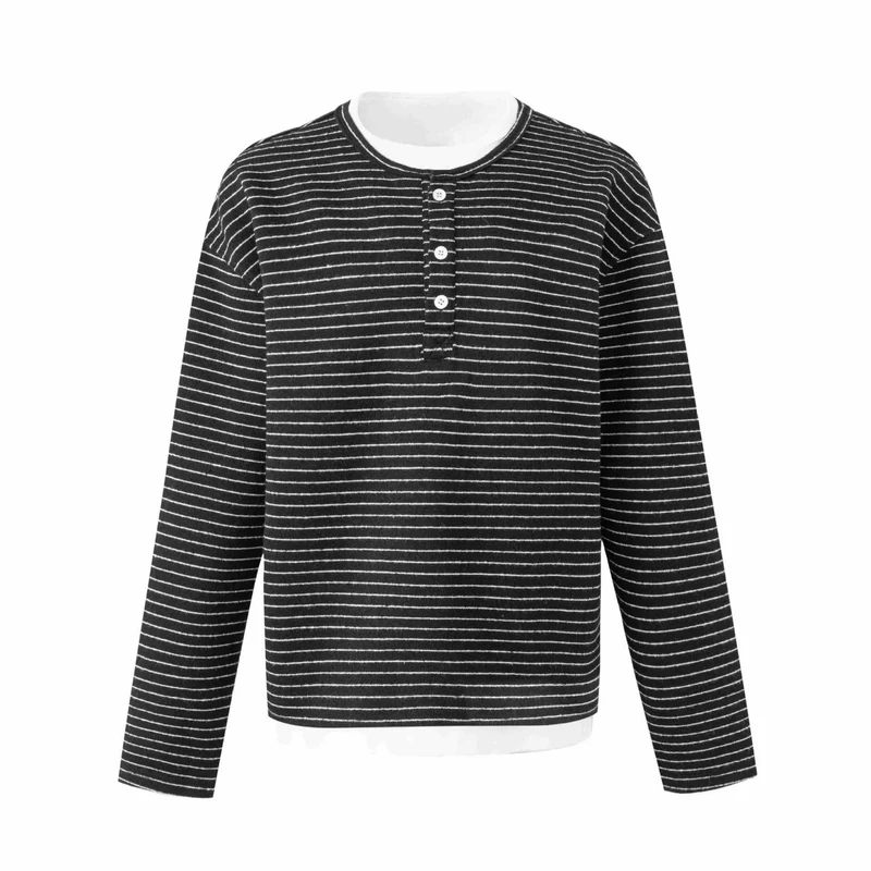 Damen Gestreiftes Langarm-Henley-Shirt mit Knopfleiste und Lagenlook Nord Taschen