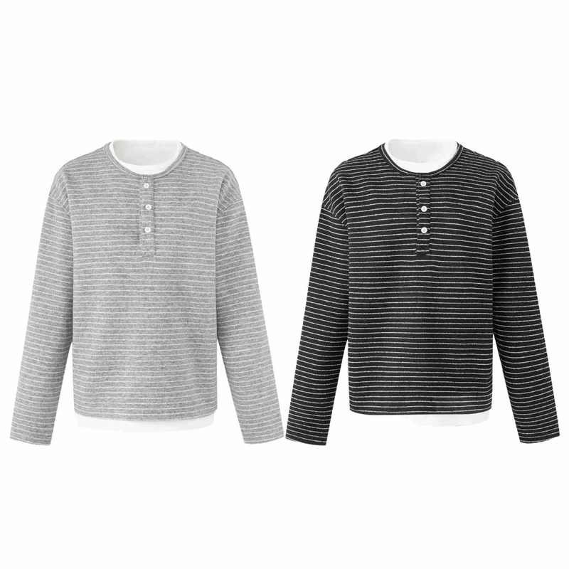 Damen Gestreiftes Langarm-Henley-Shirt mit Knopfleiste und Lagenlook Nord Taschen