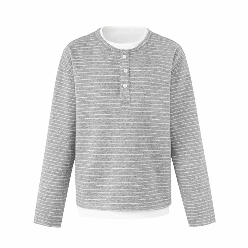 Damen Gestreiftes Langarm-Henley-Shirt mit Knopfleiste und Lagenlook Nord Taschen