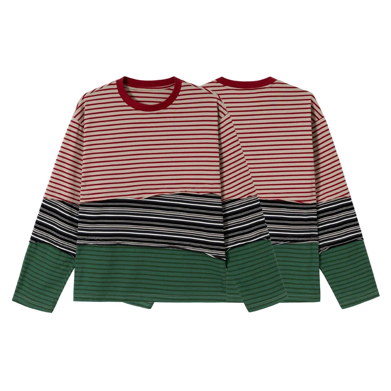 Damen Gestreiftes Langarm-Cropped-Shirt mit Colorblock und Rundhalsausschnitt Nord Taschen