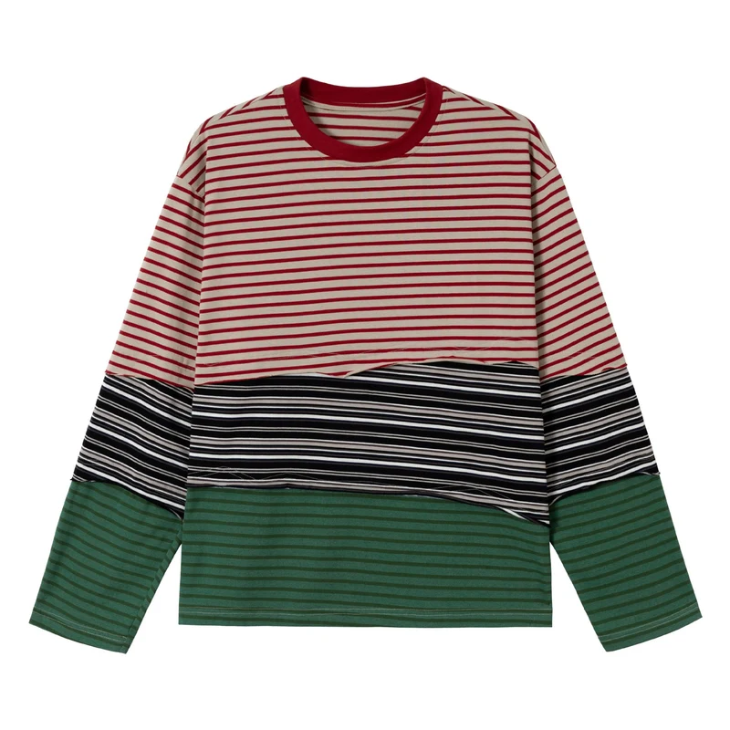 Damen Gestreiftes Langarm-Cropped-Shirt mit Colorblock und Rundhalsausschnitt Nord Taschen