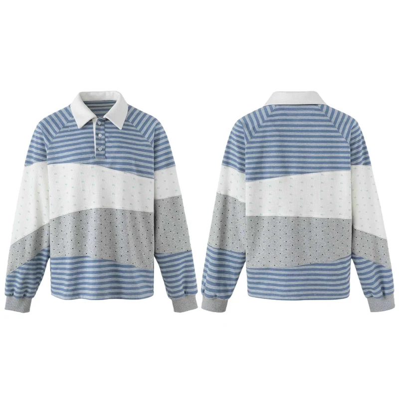Damen Gestreifter Rugby-Pullover mit großem Kentkragen und Colourblock-Struktur Nord Taschen