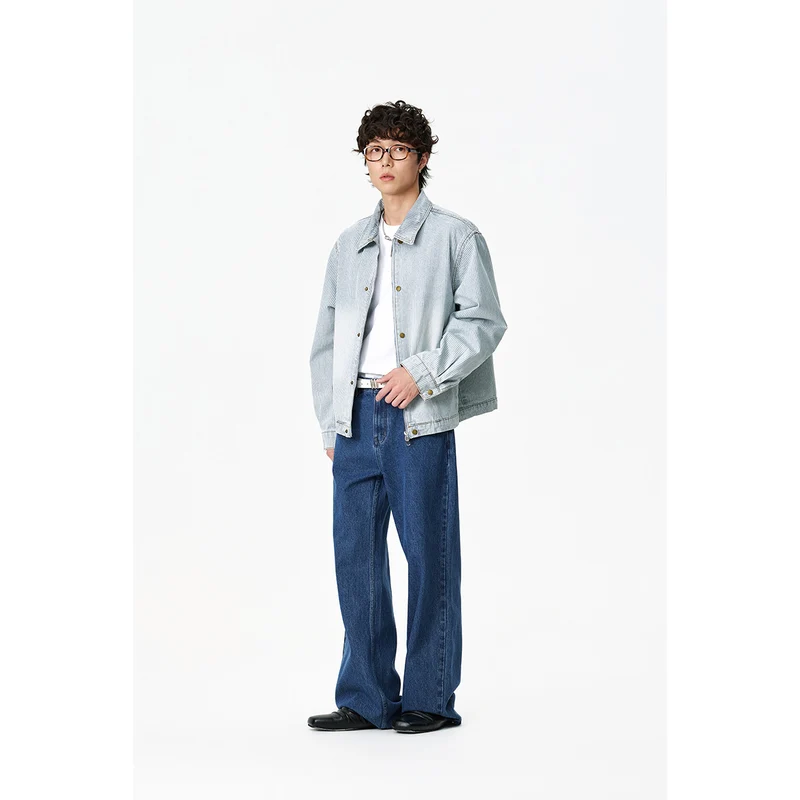 Unisex Gestreifte Oversize-Denimjacke im Worker-Stil mit Stehkragen und Zwei-Wege-Reißverschluss Nord Taschen