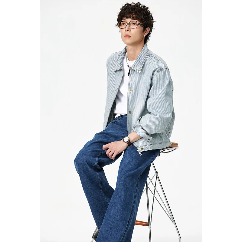 Unisex Gestreifte Oversize-Denimjacke im Worker-Stil mit Stehkragen und Zwei-Wege-Reißverschluss Nord Taschen