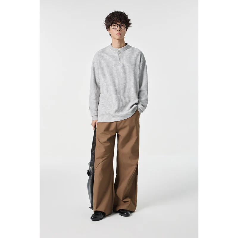 Unisex Gerippter Oversize-Henley-Pullover mit Knopfleiste Nord Taschen