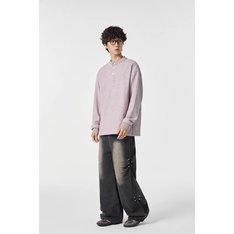 Unisex Gerippter Oversize-Henley-Pullover mit Knopfleiste Nord Taschen