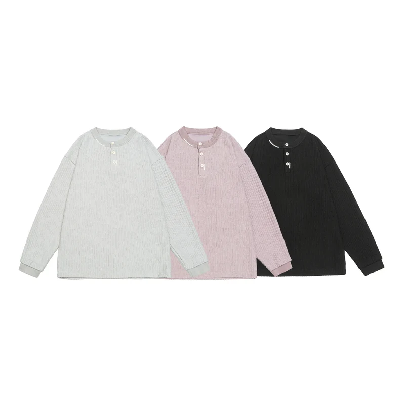 Unisex Gerippter Henley-Pullover mit Knopfleiste Oversize-Schnitt Nord Taschen