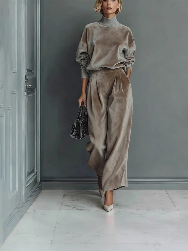 Damen Samt-Lounge-Set mit Rollkragenpullover und weiter Plissee-Hose Nord Taschen