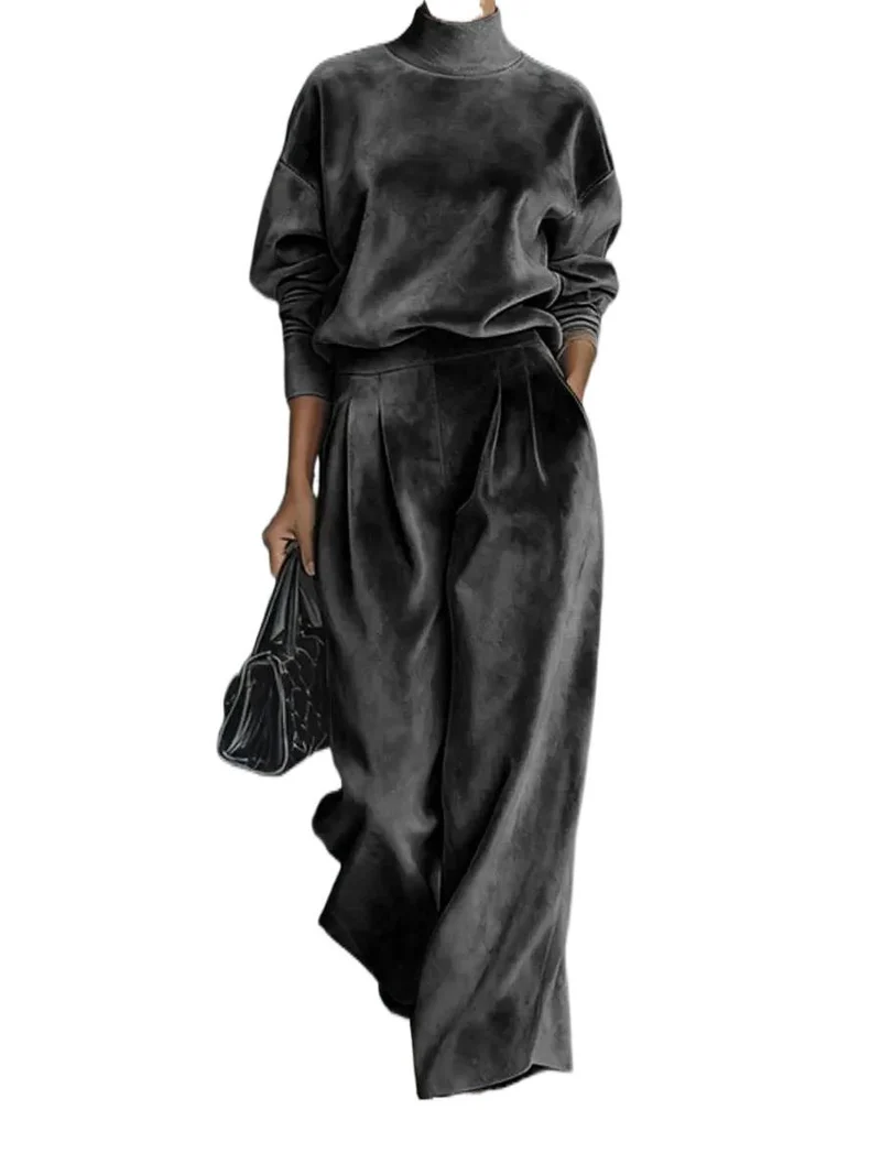 Damen Samt-Lounge-Set mit Rollkragenpullover und weiter Plissee-Hose Nord Taschen