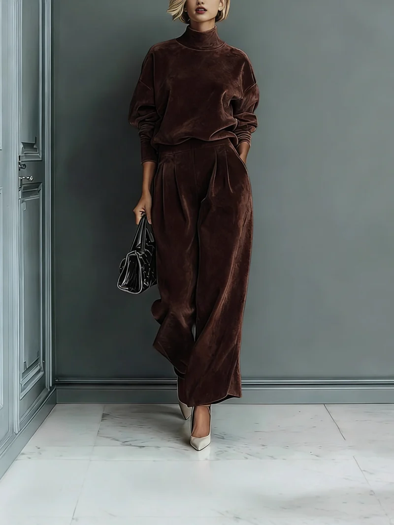 Damen Samt-Lounge-Set mit Rollkragenpullover und weiter Plissee-Hose Nord Taschen