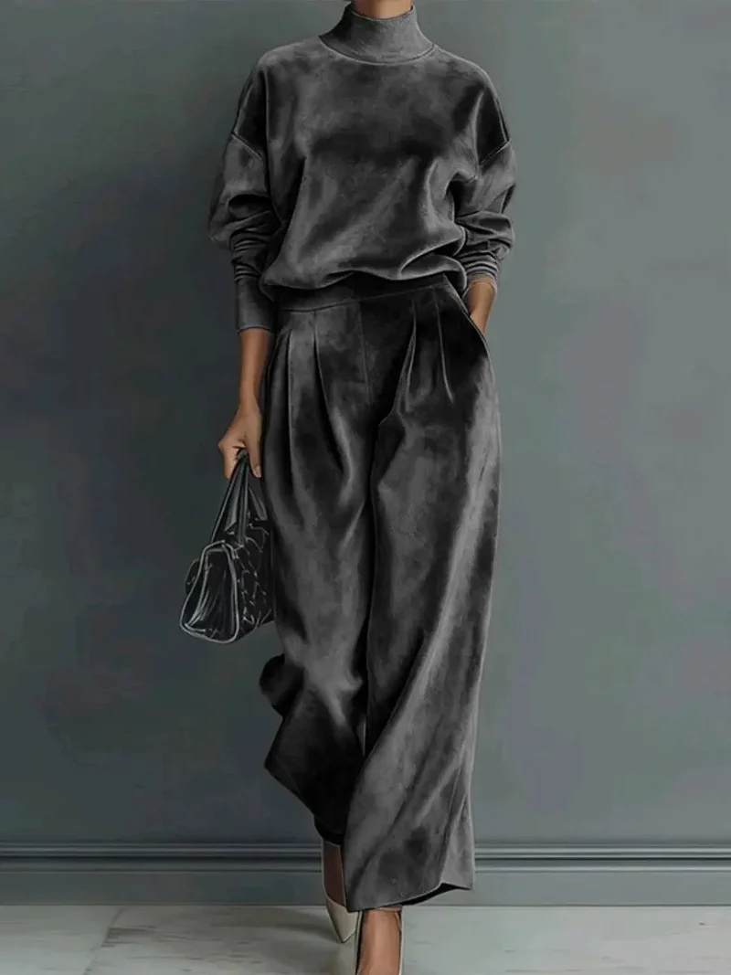 Damen Samt-Lounge-Set mit Rollkragenpullover und weiter Plissee-Hose Nord Taschen