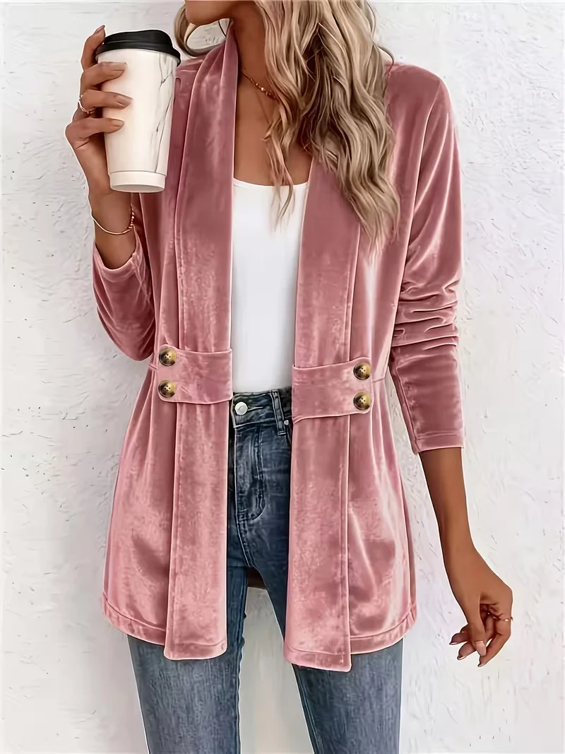 Damen Samt-Longblazer mit Schalkragen und dekorativen Knopfriemen Nord Taschen